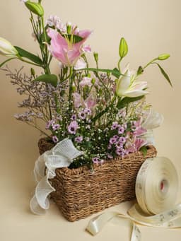 Basket bouquet with pink daisey and white lily thumbnail 2