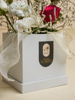 Red rose with white canations boquet with dry flower box boquet thumbnail 2