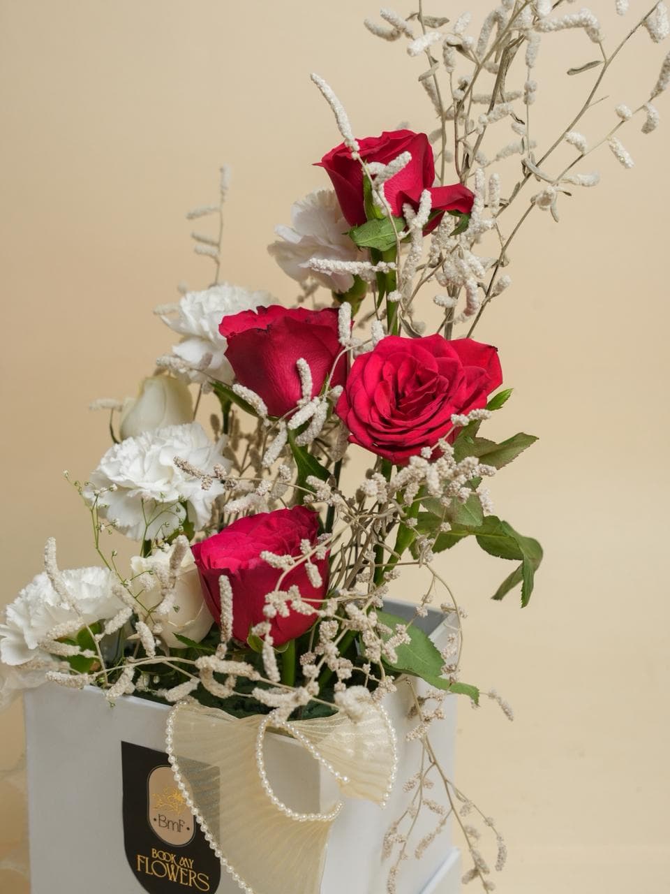 Red rose with white canations boquet with dry flower box boquet