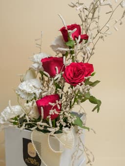 Red rose with white canations boquet with dry flower box boquet thumbnail 1