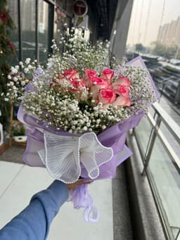 Pink rose baby breath bouquet thumbnail 1