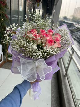 Pink rose baby breath bouquet thumbnail 2