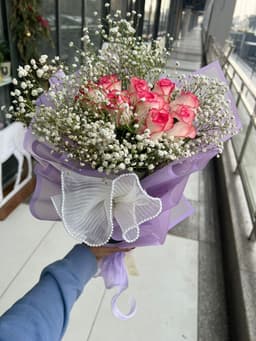 Pink rose baby breath bouquet thumbnail 3