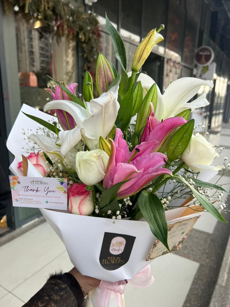 Pink and white lilies bouquet