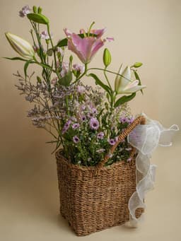 Basket bouquet with pink daisey and white lily thumbnail 1